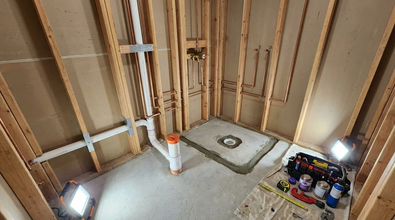 Bathroom rough-in plumbing during remodel by Johns Plumbing LLC in Sweet Home