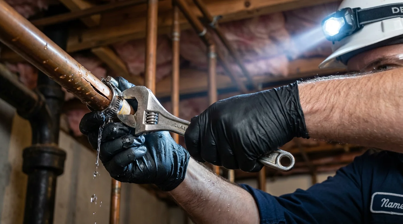 Emergency pipe clamp repair being performed by a Johns Plumbing LLC plumber in Sweet Home