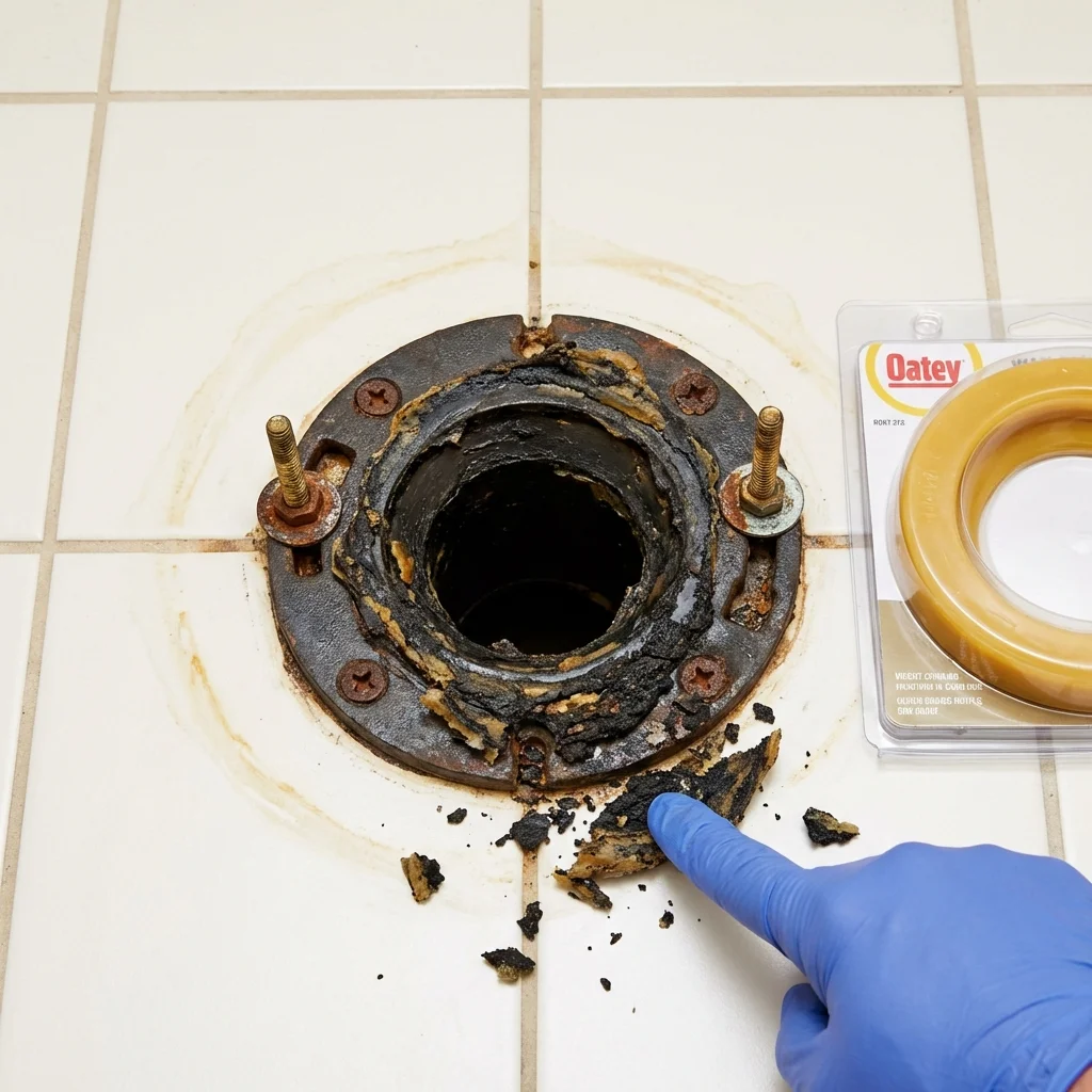 Failed wax ring showing water seepage at the base of a toilet in a Sweet Home, OR home