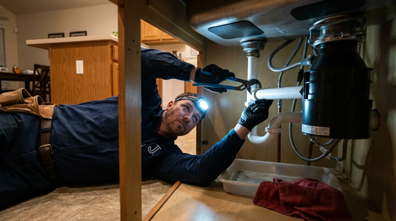 P-trap and supply line connections under a kitchen sink showing a common leak point in Sweet Home, OR